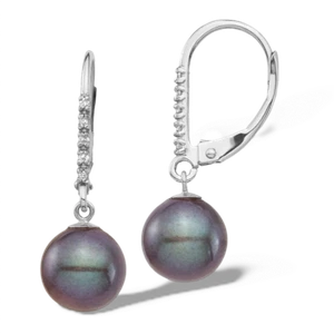 14K Solid White Gold 8mm Black Round Freshwater Cultured Pearl Diamond Dangle... - Picture 1 of 4