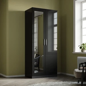 Black 2 Door High Gloss Wardrobe Bedroom Set Furniture Storage with Hanging Rail - Picture 1 of 12