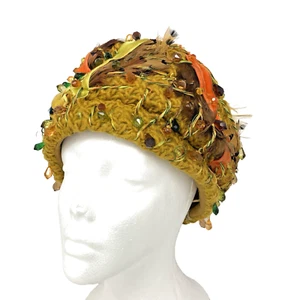 Vintage Christian Dior Women Hat Chapeaux Paris New York 60s Feathers Beads Yarn - Picture 1 of 16