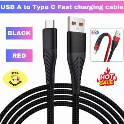 USB A to Type C Cable 3A Fast Charger Braided 1M 2M for Android Samsung Lead - Image 1 of 4