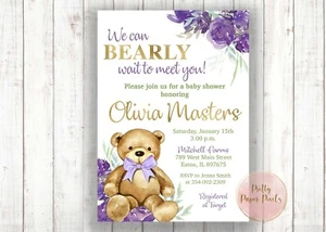 Teddy Bear Purple Floral Baby Shower Invitation, Bear, Baby Girl, Shower, Invite - Bild 1 von 1