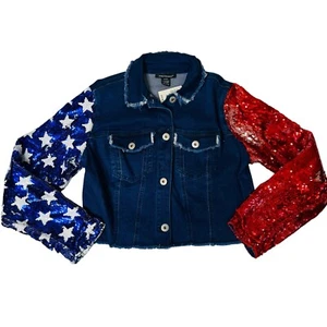 Ashley Stewart Denim Jean Jacket Sequin Sleeves Patriotic USA Womans L XL 14/16 - Picture 1 of 6