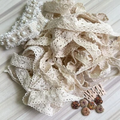 Vintage Cotton Beige & White Lace Bundles Beautiful Mix Ribbon Lace Decoupage - Image 1 of 4