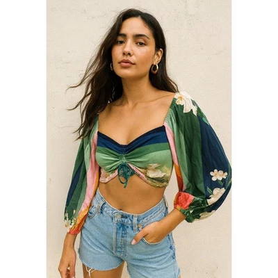 Farm Rio Top Womens P XS Mixed Print Cropped Puff Sleeve Top Square Neck Floral - Image 1 of 4