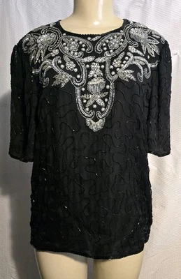 Blusa Top De Colección Scala Milan Paris Seda Para Mujer XL Negra Plateada Con Cuentas Ropa de Noche Foto 1 de 4
