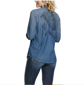 ARIAT Womens Snap Button Shirt L/S Blue Sz 2XL Graphic Tribal Headdress Western - Picture 1 of 14