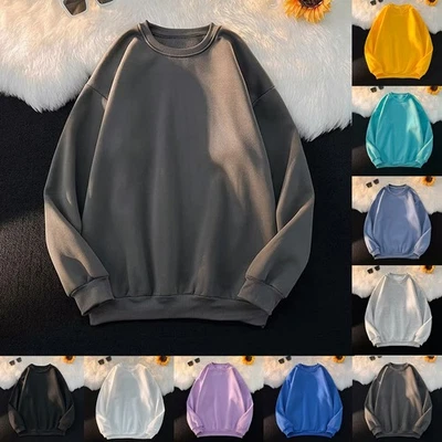 Mens Long Sleeve Plush Sweatshirt Casual O Neck Solid Base Shirt Loose Fit - Image 1 of 4