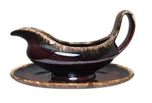 Scafo Gravy Boat + Sottopiatto Vintage Marrone Goccia Gres USA Set Forno Proof - Foto 1 di 15