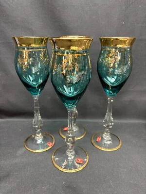 Set of 4 ~ Bohemia Aqua Blue / Gold ~ Italy ~ Wine Glasses ~ 8 3/4" Tall - Image 1 of 4