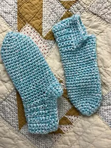 Handmade Crochet Tight Knit Light Blue Cozy Relaxation Socks, Women's Large - Picture 1 of 3