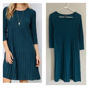 Eileen Fisher Women Teal Ribbed 3/4 Sleeve Knit Pleated Dress XS 100% Wool - Picture 1 of 5