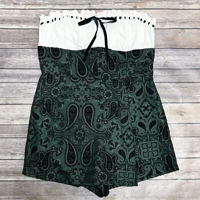 Mameluco Urban Outfitters Blanco Verde Negro Antoinette Sin Tirantes Brocado Paisley Foto 1 de 4