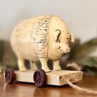 Vintage Country Farmhouse Pig on Wheels Wood Twine Resin Like Finish