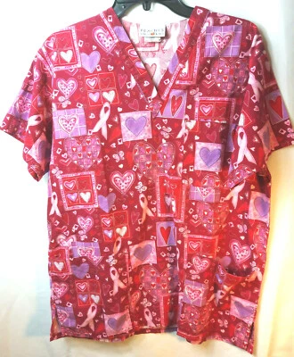 Peaches Uniform Scrub Red with Heart Print Size S - Image 1 of 4