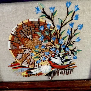 vintage needlepoint framed wall art. Southwest Native Basket Pottery Feather.(WW - Picture 1 of 13