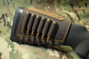 Brown Leather rifle buttstock cartridge sleeve with suede cheek pad Hunter gift - Picture 1 of 9
