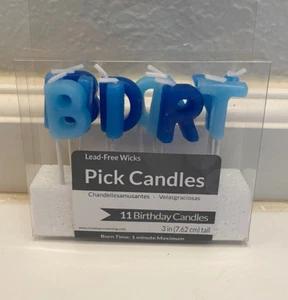 "Happy Birthday" Blue Pick Candle Set 11 Candles 3" tall Lead-Free Wick - Picture 1 of 2