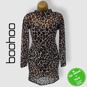 Boohoo Ladies Size 12 Blouse Top Leopard Print Long Sleeve Black Under Vest Body