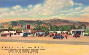 Postal de lino LP18 Colorado Springs Rodeo Auto Court Hotel publicidad década de 1940 - Imagen 1 de 2