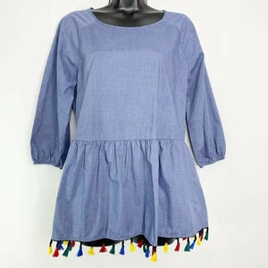 Pleione Juniors Blue Chambray Top Popover Colorful Fringe Tassel Hem Size XS NEW - Picture 1 of 9