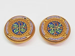 ANTIQUE 25mm 16ky Gold Ecclesiastical Chi Roh Micro Mosaic Cufflinks - Picture 1 of 19