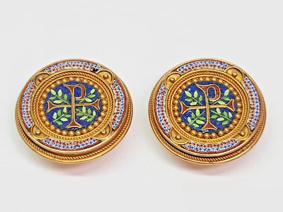ANTIQUE 25mm 16ky Gold Ecclesiastical Chi Roh Micro Mosaic Cufflinks - Image 1 of 4