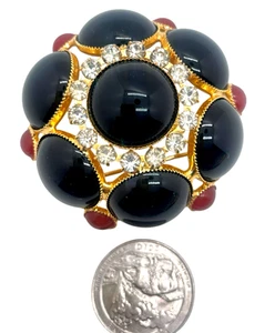 Vintage Dramatic High Domed Black Glass & Faux Carnelian Cabochon Brooch - Bild 1 von 3