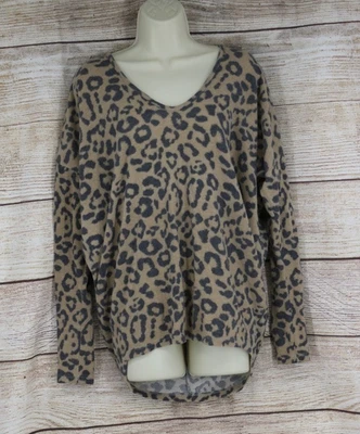 Sun + Shine Womens Size Small Pullover Leopard Print High Low Sweater Tan Fleece - Image 1 of 4