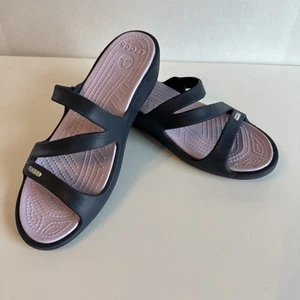 Crocs Navy Blue Rubber Purple Wedge Slide Lightweight Sandals Women Sz 10US/41EU - Picture 1 of 9
