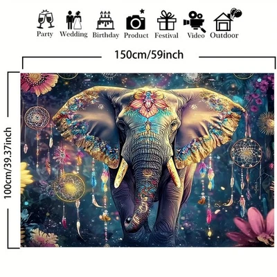 Tapiz de elefante bohemio plano 2D, 1 pieza - diseño floral vibrante y estrella, poliéster Foto 1 de 4