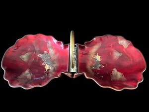 Japan Folding Hinged Clam Oyster Shell Asian Serving Tray Red & Brass Handle VTG - Picture 1 of 8