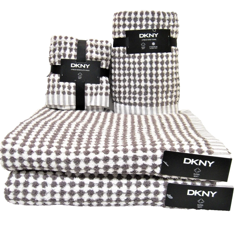 Juego de 8 toallas de baño DKNY 2 manos 4 paños de lavado gris carbón blanco azulejo Monet Foto 1 de 1