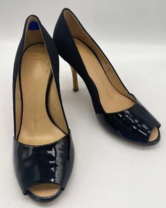 GIUSEPPE ZANOTTI BLACK PATENT LEATHER AND FABRIC PEEP TOE PUMPS HEELS 36.5 - Picture 1 of 6
