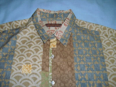 Camisa masculina Tori Richard SS algodão havaiano gramado tamanho XL azul marrom - Imagem 1 de 4