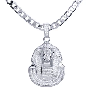 Men's Silver Plated  Egyptian Pharaoh Pendant 24 inch Chain Necklace BCH 13128 S - Picture 1 of 4