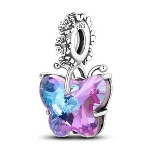 925 Sterling Silver Sister Purple Murano Glass Butterfly dangle Charm bracelet - Picture 1 of 2