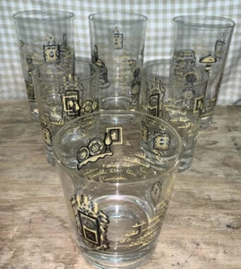 RETRO YELLOW AND BLACK HOME DESIGN COCKTAIL GLASSES Set Of 6 See Desc. MCM - Picture 1 of 7