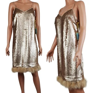 Cece sequins feather trim spaghetti strap v neck party evening shift dress 8 - Picture 1 of 12