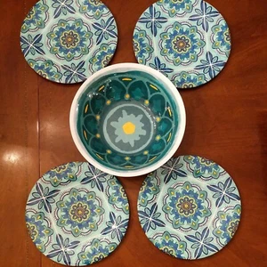 LOT Kohls Bobby Flay Melamine Large Salad Bowl & 4 Dinner Plates ~ Blue Boho NWT - Picture 1 of 10