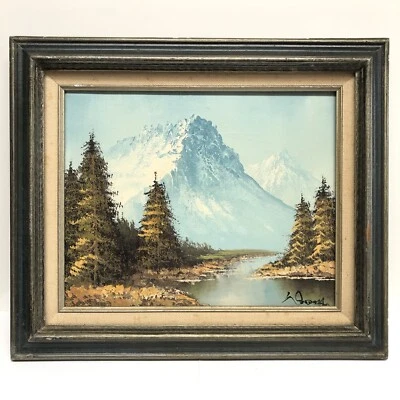 Antique Winter Landscape Scene Oil Painting Framed Mountain Vintage Bob Ross Sty - Image 1 of 4