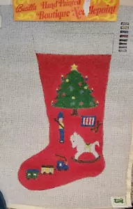 16" Bucilla Hand Painted Needlepoint Canvas Christmas Stocking Tree Toys Vintage - Picture 1 of 3