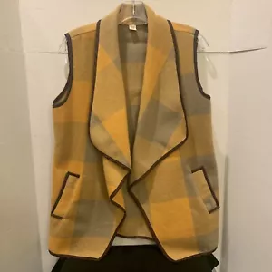 Yellow Plaid Open Wide Collar Vest Women's Large Brown Trim With Pockets - Bild 1 von 3