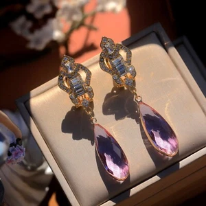 Pendientes Clip On Dorado Varita Blanco Gota Cristal Malva Arte Déco QD5 - Imagen 1 de 9