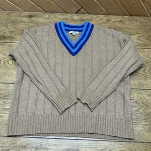 Madewell Tipped V-Neck Sweater Women’s XXS Brown Blue Trim Oversized Knit Wool - Picture 1 of 5