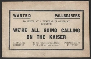 WW1 Anti Kaiser Propaganda card - WANTED PALLBEARERS - Picture 1 of 2