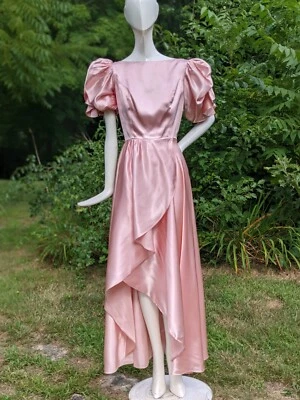 VINTAGE 1970’S PINK SATIN LONG DRESS W RUFFLED PUFF SLEEVES + SLIT FRONT - Image 1 of 4