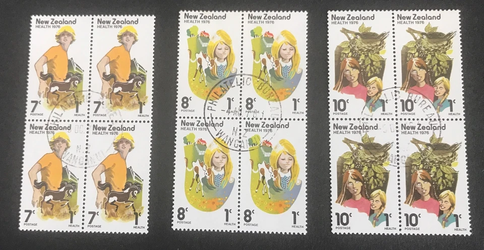 New Zealand 1976 Health "Pony, Calf & Thrush" 3 x Blocks of 4, CTO - Image 1 of 1