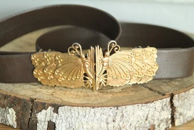 De colección 1982 Jeanne Bouchever Oro Mariposa Cinturón Hebilla en Marrón Imitación Cinturón M Foto 1 de 4