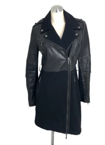 BCBGMAXAZRIA JOHNNA Black Leather and Wool Long Moto Jacket Size Medium - Picture 1 of 9