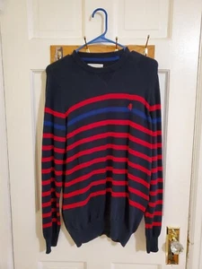 Stafford Prep Mens Size Small Navy Red Striped Knit Sweater 100% Cotton - Picture 1 of 4